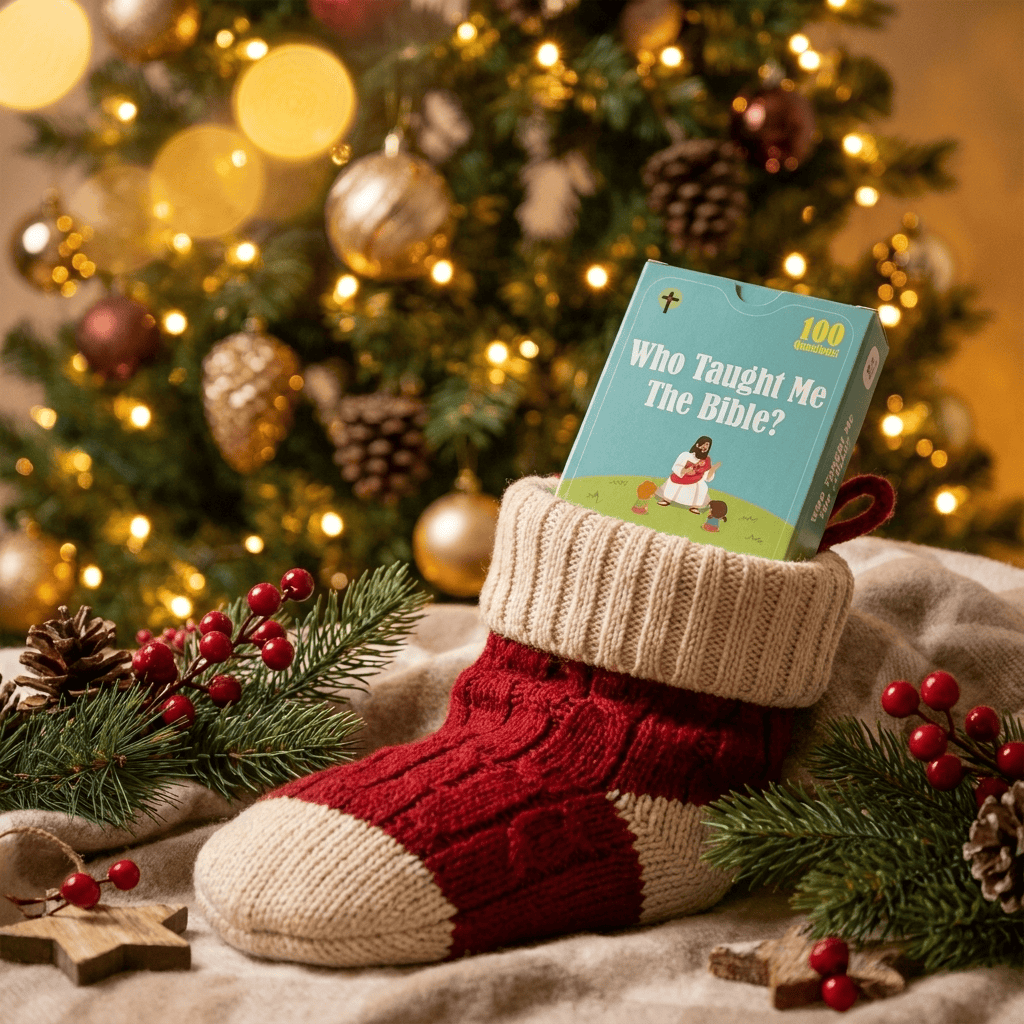 Red and beige Christmas stocking with 'Who Taught Me The Bible?' book in front of a decorated tree.