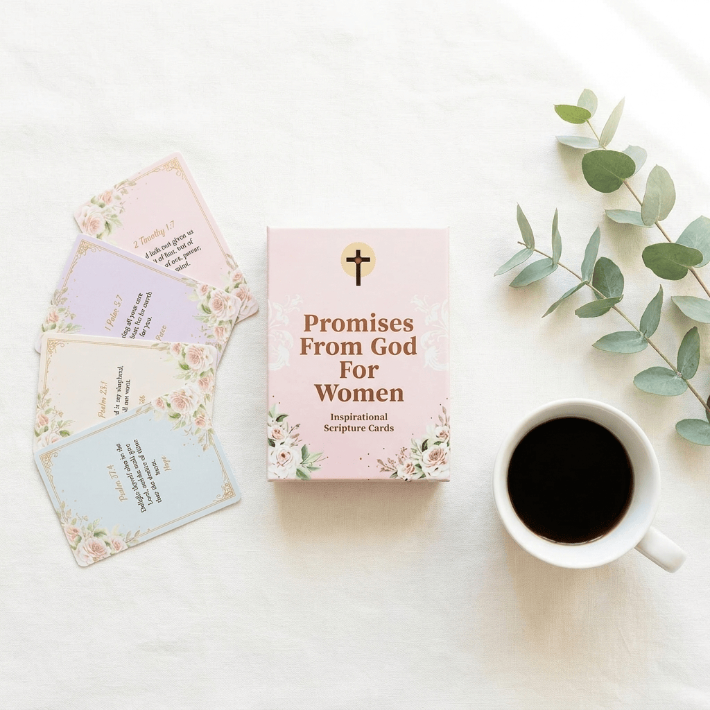 Card set titled 'Promises From God For Women' with a cup of coffee and eucalyptus leaves on a light surface.