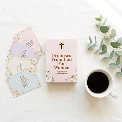 Card set titled 'Promises From God For Women' with a cup of coffee and eucalyptus leaves on a light surface.