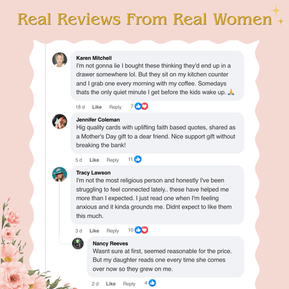 A digital graphic featuring four mock customer review comments with user profiles and text, set against a white wavy card on a soft pink background with a gold title reading 'Real Reviews From Real Women' and floral corner accents.